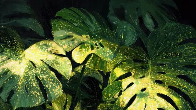 Monstera deliciosa leaves with natural splits and holes (Swiss cheese plant), a tropical houseplant.