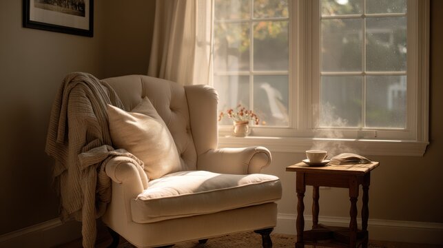 Cozy Reading Nook With Armchair, Soft Blanket, Steam From Tea Cup, and Sunlit Window in a Warm Home Interior