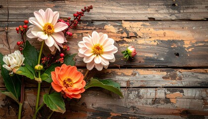 Flowers on wooden background