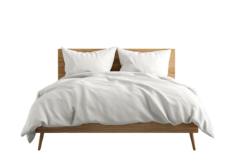 Comfy bed w/ white linens and wooden frame, front view