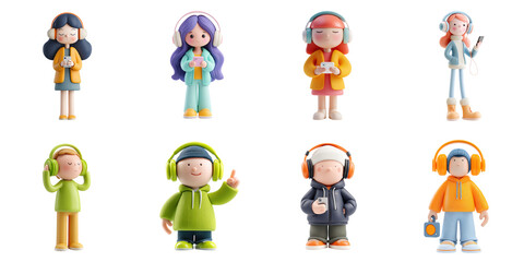 Animation character listen music png isolated object collection background for chilling purpose.