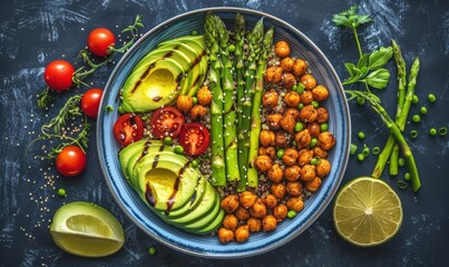 Healthy vegan bowl with avocado chickpeas asparagus and tomatoes