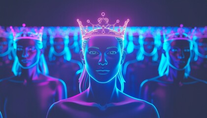 A futuristic crowd of people with a crown, a glowing aesthetic creating a bold statement and sense of unity.