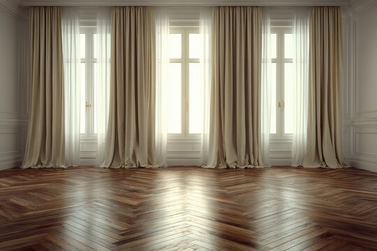 Empty room with large windows and beige curtains