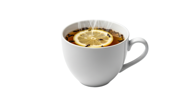 Hot Coffee in White Mug with Lemon Slice.