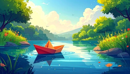 A cartoon paper boat floats on a calm, blue lake surrounded by lush green trees and sunny, cloudy skies