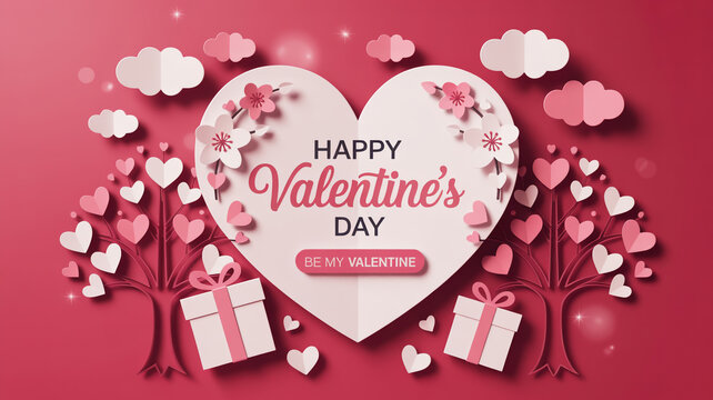 Happy valentines day background with heart shaped trees, gifts, clouds and flowers in pink and white