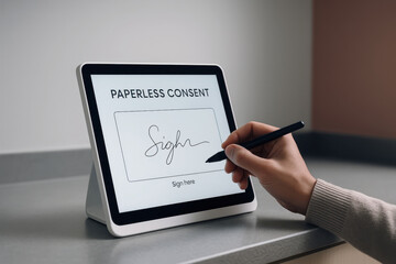 Signing a paperless consent form on a digital tablet with a stylus pen.