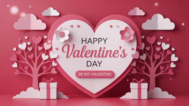 Happy valentines day scene with heart, tree, gift, and cloud in pink paper art style