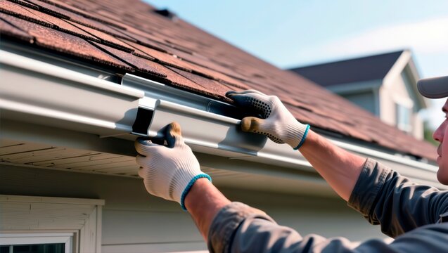 Worker's hands installing a new gutter on a residential house roof.