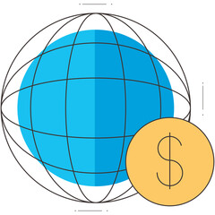 Global Economy Concept with Blue Sphere and Golden Coin Featuring Dollar Sign on Transparent Background symbolizing International Finance and Business Transactions