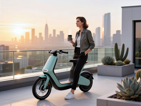 Woman with coffee and electric scooter on a city rooftop at sunrise.