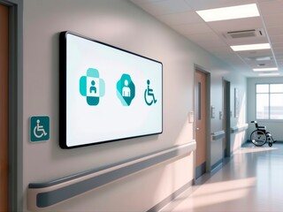 Digital wayfinding screen with accessibility icons in a modern hospital corridor.