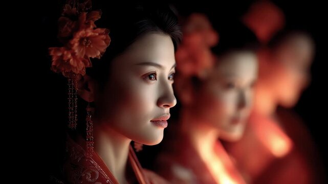 Tang Dynasty Lady with Red Makeup, Exquisite Profile, Looking Back