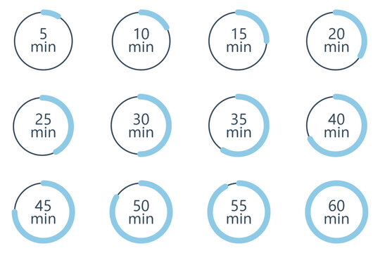 Minute Timer, clock, stopwatch, Countdown timer, cooking time icon set. 5, 10, 15, 20, 25, 30, 35, 40, 45, 50, 55, 60 min and 1 hour Timer, clock, stopwatch isolated set icons, symbols, label.