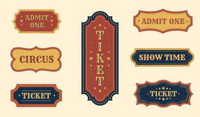 set of vintage retro labels. Set of Vintage circus ticket collection with circus theme and ornate frames. Retro vector design for carnival posters, show promotions, and event branding.