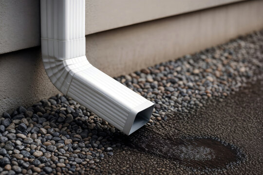 Gutter downspout draining rainwater onto wet ground with pebbles.