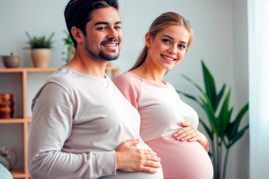 Happy pregnant couple with man showing sympathetic pregnancy belly.