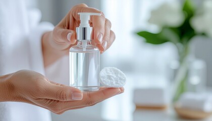 Woman's hand holding a skincare product bottle and cotton pad