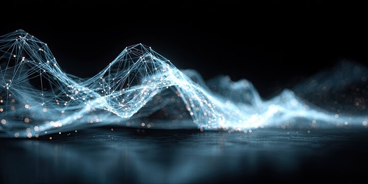 Abstract digital landscape.  Soft, light-blue, interconnected network formations resembling mountains or waves, against a dark background.  Small, glowing particles dot the network and ground