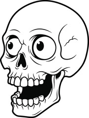 Funny cartoon skull illustration with big eyes and open mouth, spooky skeleton head drawing for halloween design, horror vector art