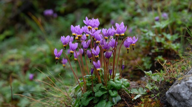 Purple dodecatheon flowers bloom among green foliage in a natural setting