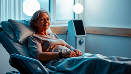 Senior woman patient resting in hospital bed looking towards window light.
