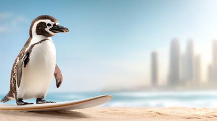 Penguin surfing on a surfboard at sunset in a coastal city with ocean waves in the background