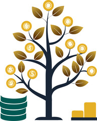  Growth tree with coins (financial growth) Silhouette black  vector white background