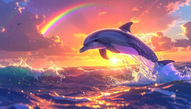 A dolphin leaping from the ocean at sunset beneath a rainbow, waves sparkling with reflected light - Powered by Adobe