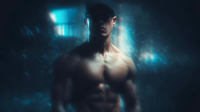 Muscular man striking powerful pose in low light gym environment. Intense shadows highlight his physique, showcasing dedication to fitness