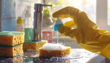 A hand in a yellow glove squeezes dish soap onto a sponge in a sunny kitchen, ready for cleaning dishes