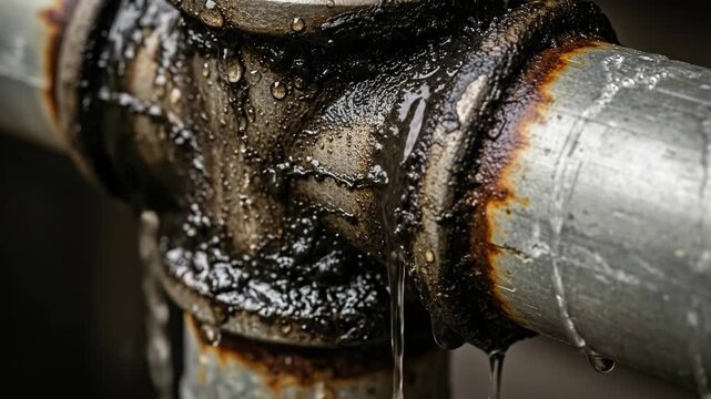 Rusty pipe dripping with water as metal corrodes over time with macro closeup