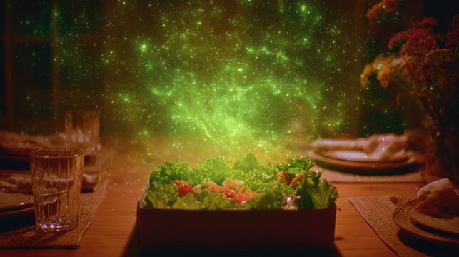 Magical Green Aura Over Fresh Salad on Wooden Table