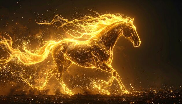 A radiant horse figure runs, its form composed of luminous, glowing particles against a dark, ethereal backdrop