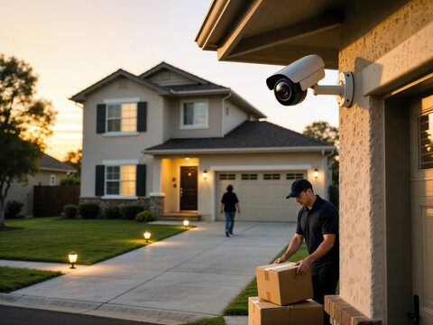 Security camera monitoring a delivery driver leaving packages at a suburban home. - Powered by Adobe