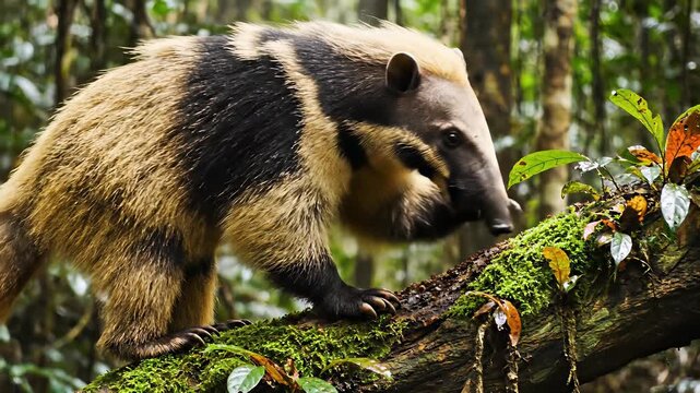 A curious tamandua anteater roams freely on a lush southern forest tree branch, its unique appearance and relaxed demeanor capturing the concept of exploration and discovery in the midst of.