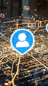 Vertical video: Pulsing large blue location pin settling over digital grid, highlighting data flow