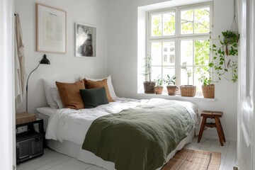 Fototapeta premium Small cozy bedroom with space-saving furniture and warm decor