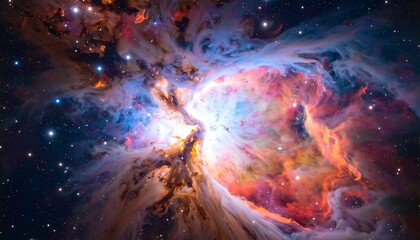 A celestial panorama reveals swirling nebulous clouds with shades of blue, orange, and white, glowing amidst dark cosmic voids