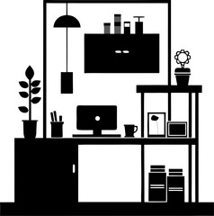  Workspace minimal setup Silhouette black  vector white background