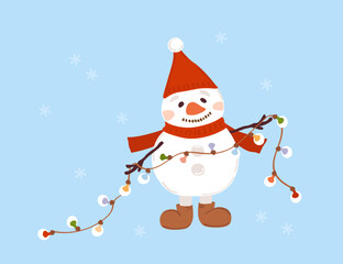 Adorable snowman holding a colorful lights garland. Cute winter character on a blue background with falling snowflakes. Vector illustration.