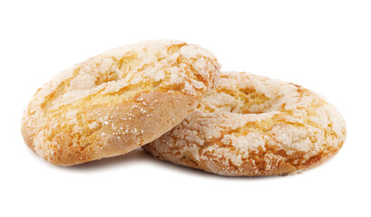 Two beautiful delicious ring cakes with sugar sprinkles on a white background.