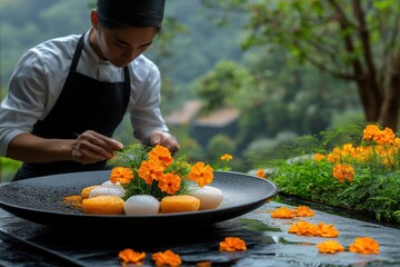 Fresh marigold petals as colorful garnish on sophisticated cuisine