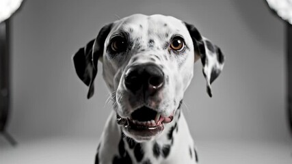 Dalmatian dog proudly sits in front of fle studio backdrop, conveying loyalty and companionship, perfect for commercial use cases related to family, friendship, or animal themed marketing.