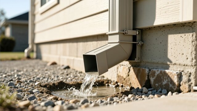 Water flowing from residential downspout onto gravel ground.