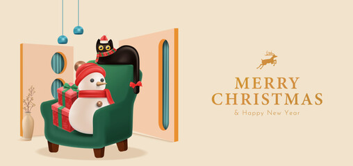 Snowman and Cute Cat Sitting in Armchair with Gifts in Cozy Festive Room Illustration. Christmas Poster Design Vector Illustration