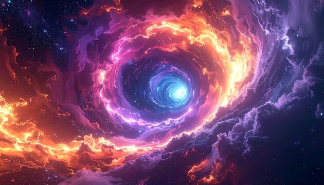 A cosmic vortex swirling with vibrant orange, purple, and blue nebulae, speckled with distant stars