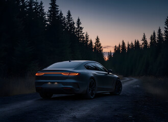 Fototapeta premium Sleek dark luxury sedan cruises winding forest road at twilight