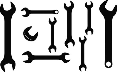 Collection of wrench tool silhouettes vector illustration, mechanical hand tools set for repair, maintenance, and construction isolated on white background